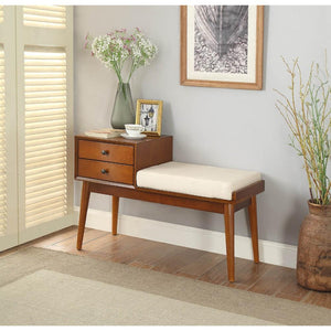 Wooden Bench with Fabric Upholstered Seat Cushion & Storage Space, Honey Oak