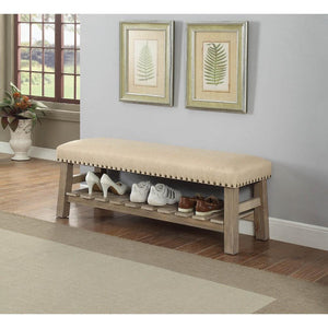 Wooden Bench with Fabric upholstered Seat Accented with Nail head Trim, Antique White