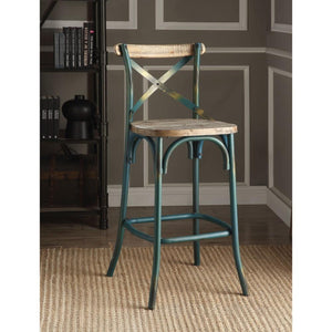 Wood & metal Bar Height Chair with X-Style Panel back, Antique Sky Blue