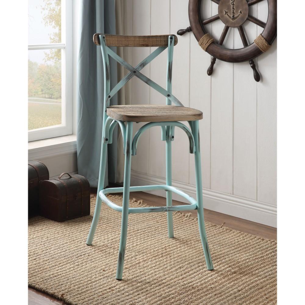 Wood & metal Bar Height Chair with X-Style Panel back, Antique Turquoise