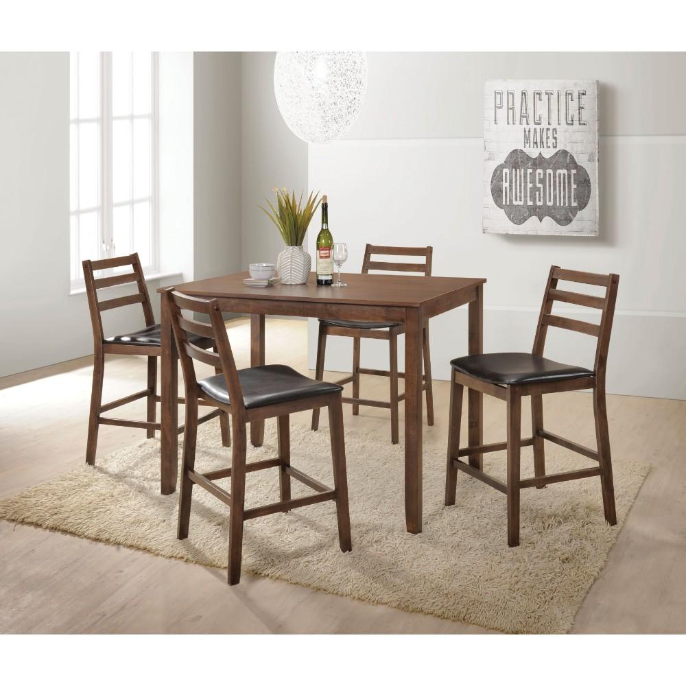 Wooden Counter Height Set with Slatted Back Chairs, Pack of Five, Brown