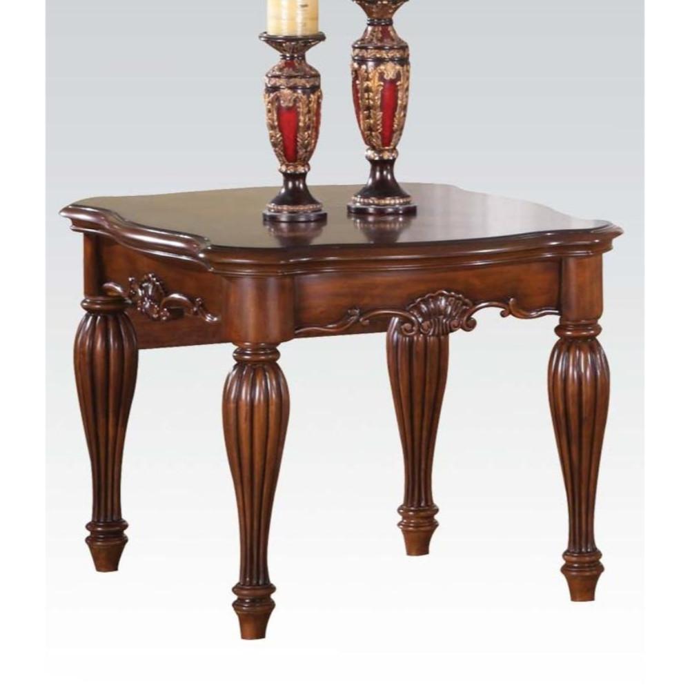 Wooden End Table with Carved Details, Cherry Brown