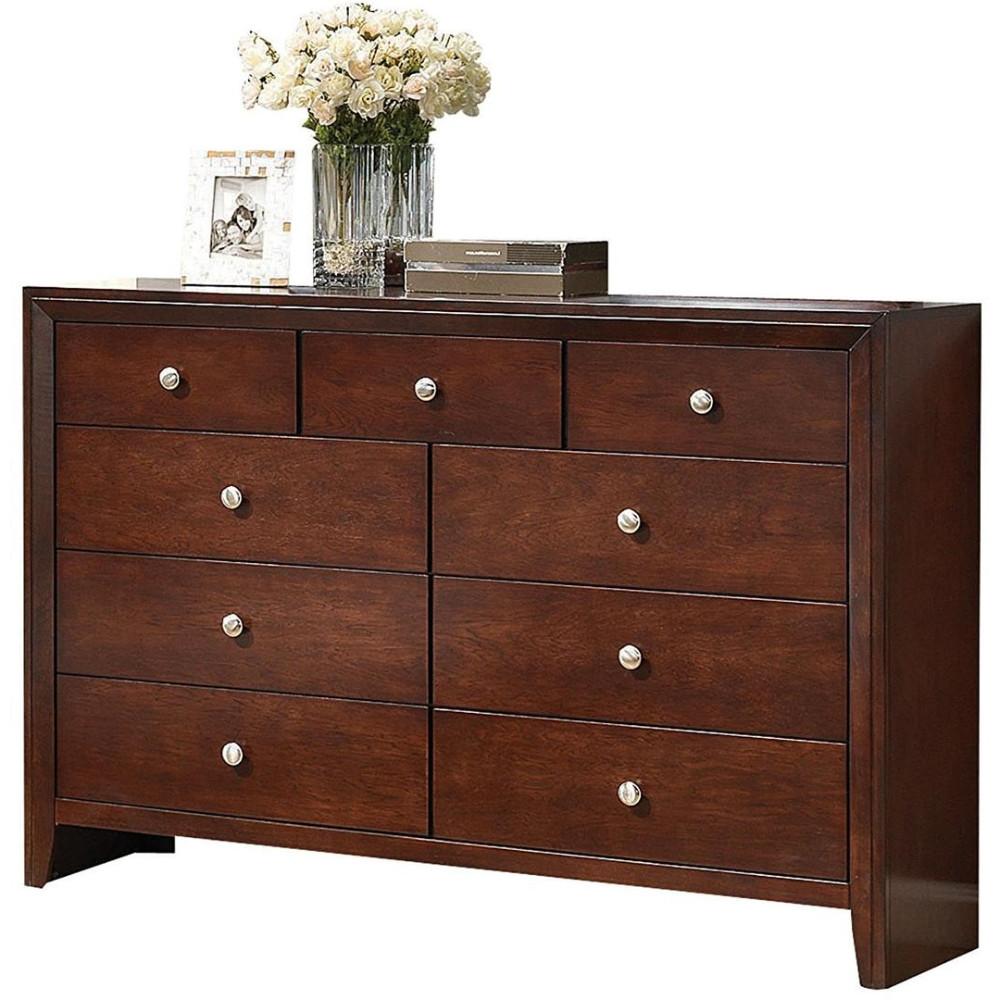 Wooden Dresser with Nine Drawers, Cherry Brown