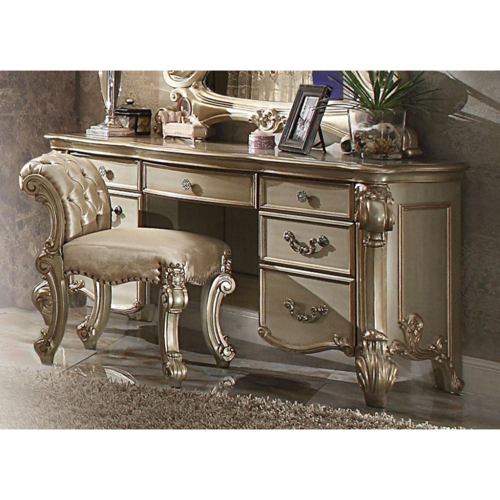 Wooden Vanity Desk with Scrolled Poster Legs, Patina Gold & Bone White