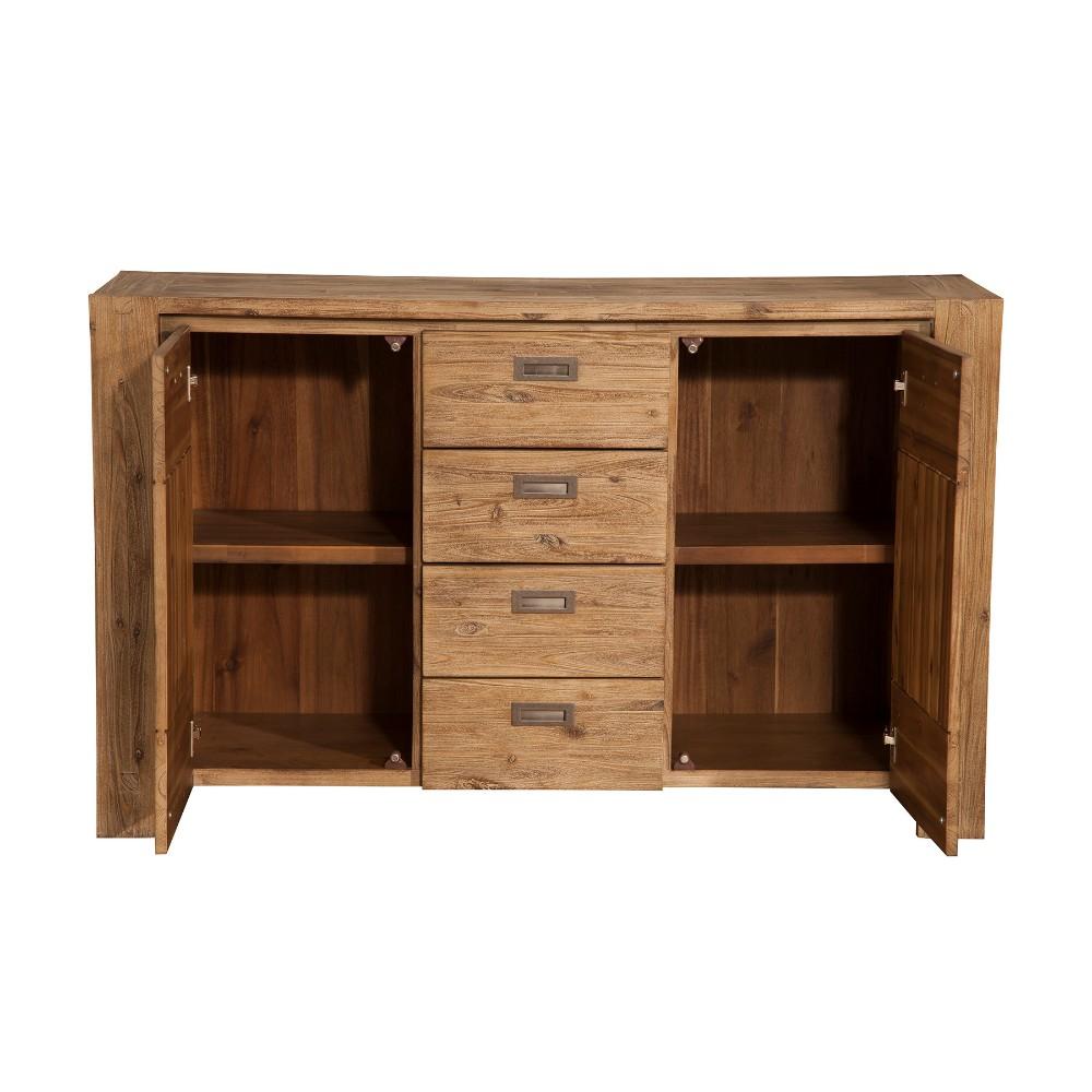 Acacia Wood Sideboard with Four Drawers and Side Cabinets, Brown