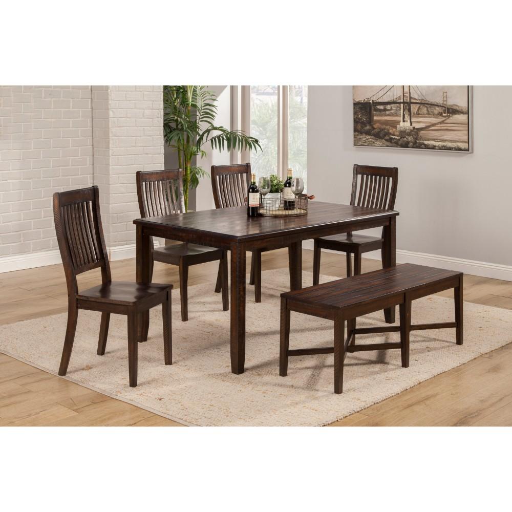 Acacia Wood Dining Set with Bench and Four Side Chairs, Pack of Six, Brown