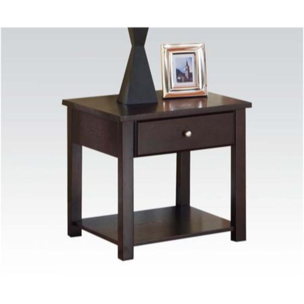 Wooden End Table with One Drawer and One Shelf, Espresso Brown