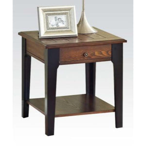 Wooden End Table with One Drawer and One Shelf, Oak Brown and Black