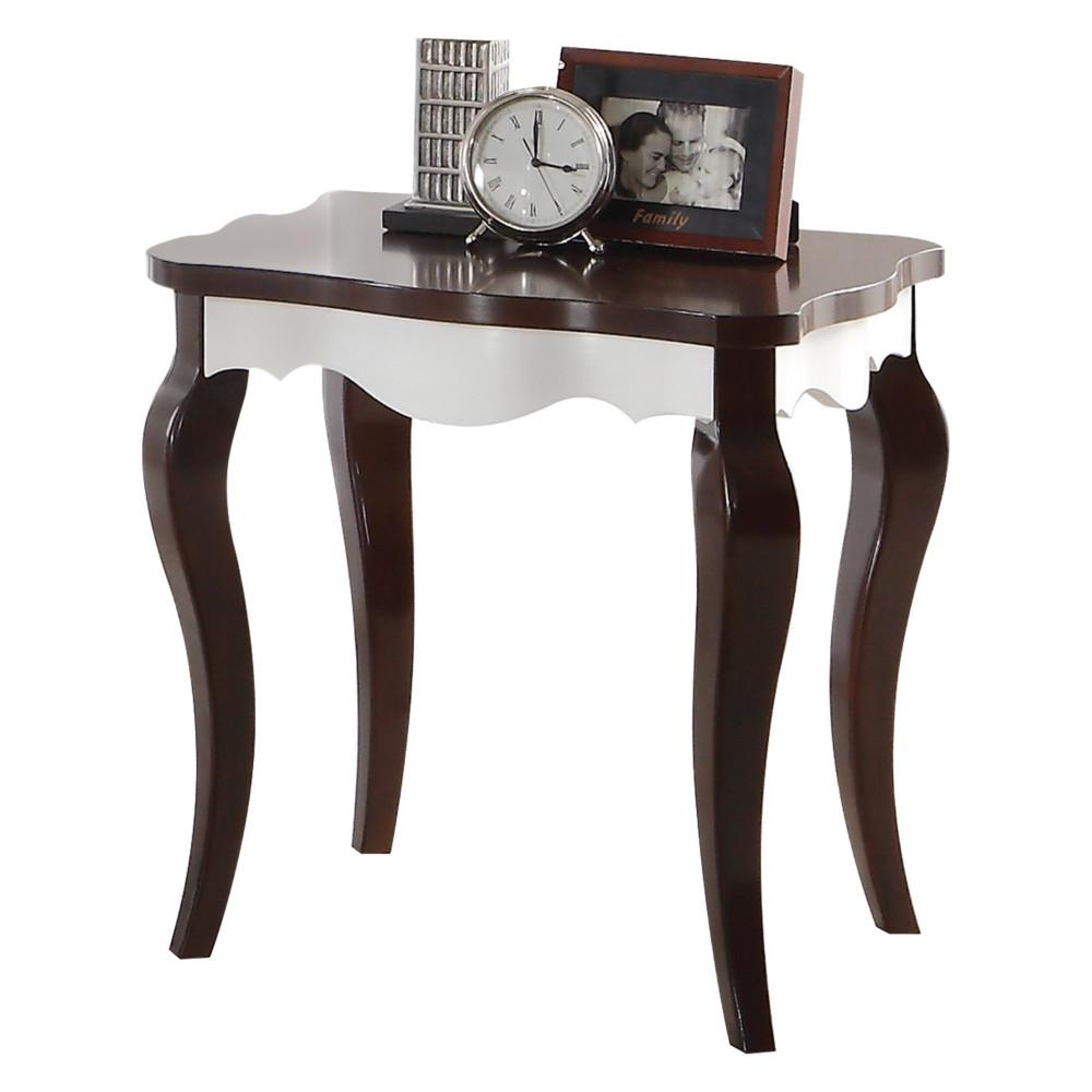 Wooden End Table with Cabriole Legs, White and Walnut Brown