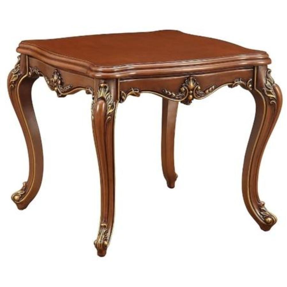 Wooden End Table with Decorative Carving Accents, Cherry Oak Brown and Gold