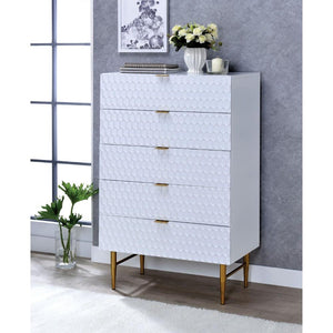 Wooden Chest with Raised Honeycomb Pattern Drawer Fronts, White and Gold