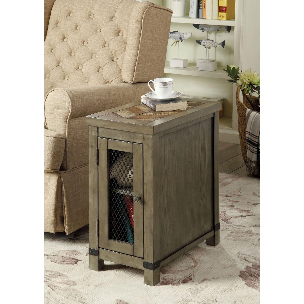 Wooden One Door Side Table with Metal Grate Front Panel, Rustic Gray