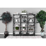 Wooden Five Tier Metal Bookshelf with Mesh Sides, Black and Brown