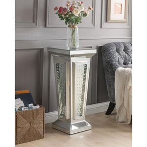 Wood and Mirror Pedestal Stand With Faux Crystals, Silver