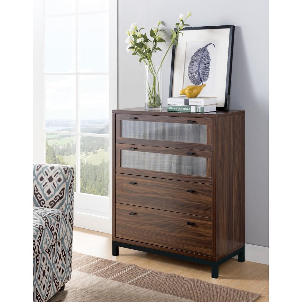 Wooden Four Drawers Utility Chest with Metal Base, Brown and Black