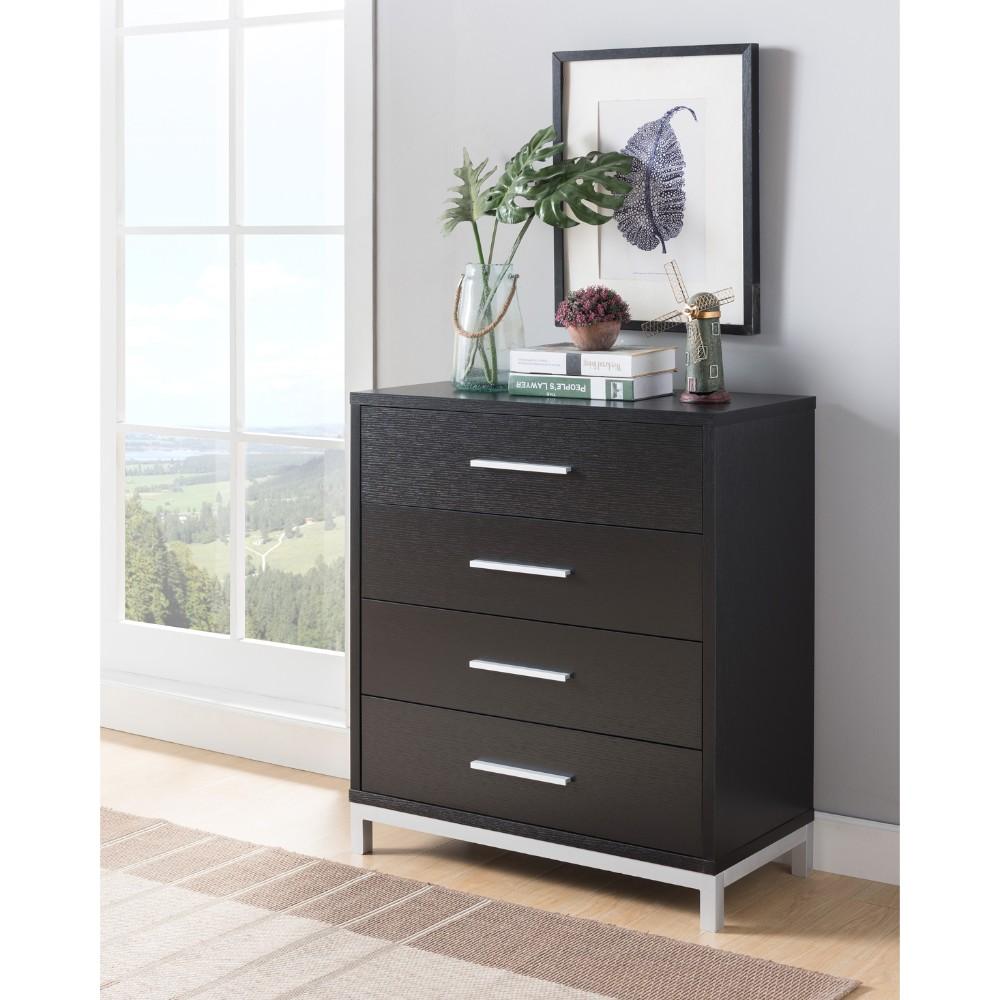 Wooden Four Drawers Utility Chest with Metal Base, Black and Silver