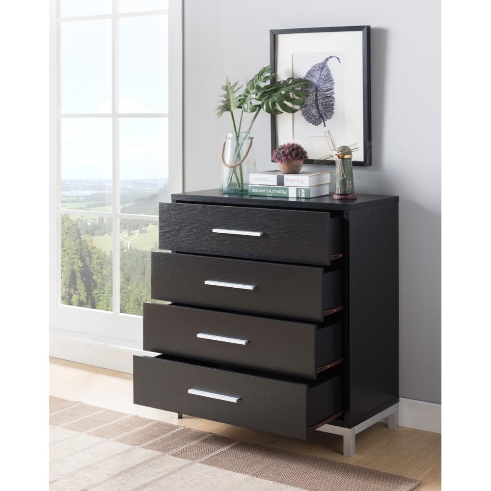 Wooden Four Drawers Utility Chest with Metal Base, Black and Silver