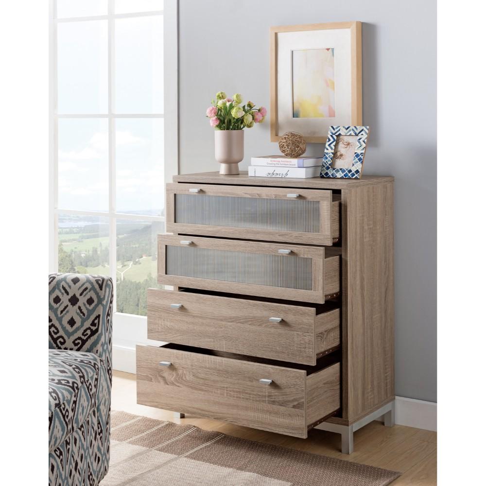 Wooden Four Drawers Utility Chest with Metal Handles, Light Brown and Silver