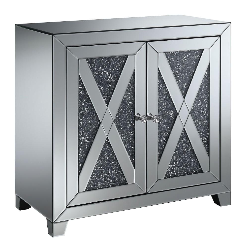 Acrylic Double Door Hallway Cabinet with Mirror Panels and Diamond Accent Pull, Silver