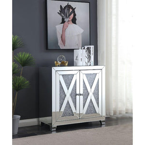 Acrylic Double Door Hallway Cabinet with Mirror Panels and Diamond Accent Pull, Silver