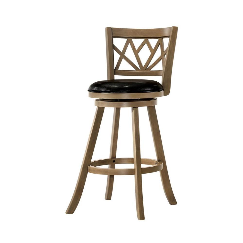 29" Wooden Bar Stool with Leatherette Seat and Cutout Curved Back, Brown and Black