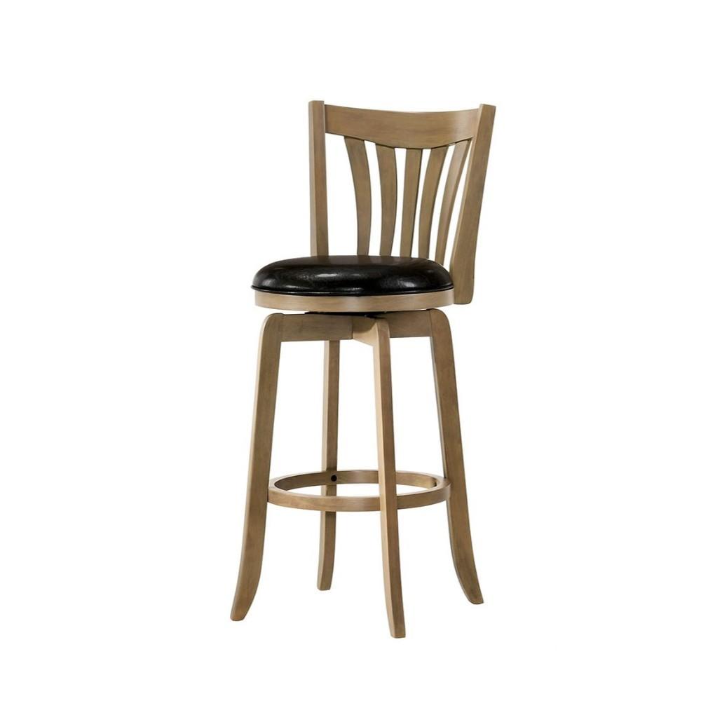 29" Wooden Bar Stool with Leatherette Seat and Curved Backrest, Brown and Black