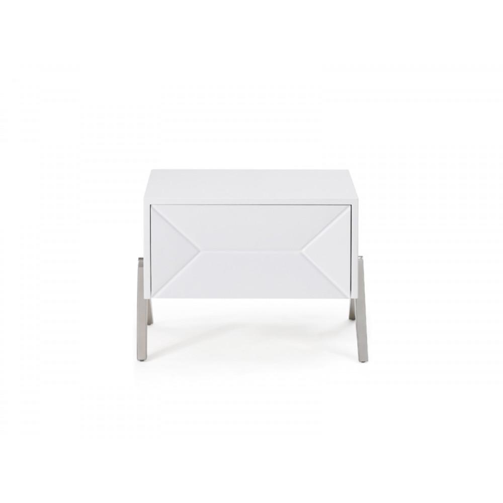 Wooden Nightstand with One Drawer and Inverted V shaped Steel Legs, White and Silver