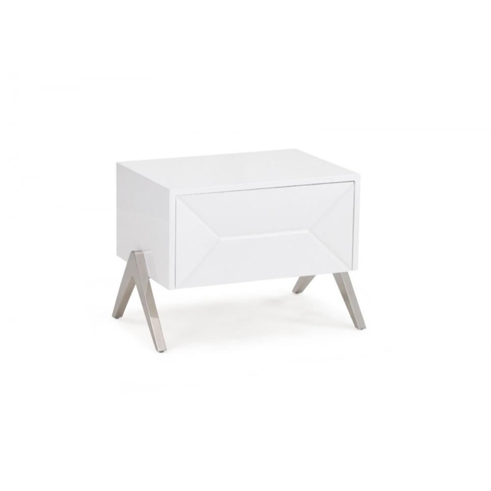 Wooden Nightstand with One Drawer and Inverted V shaped Steel Legs, White and Silver