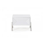 Wooden Nightstand with One Drawer and Inverted V shaped Steel Legs, White and Silver