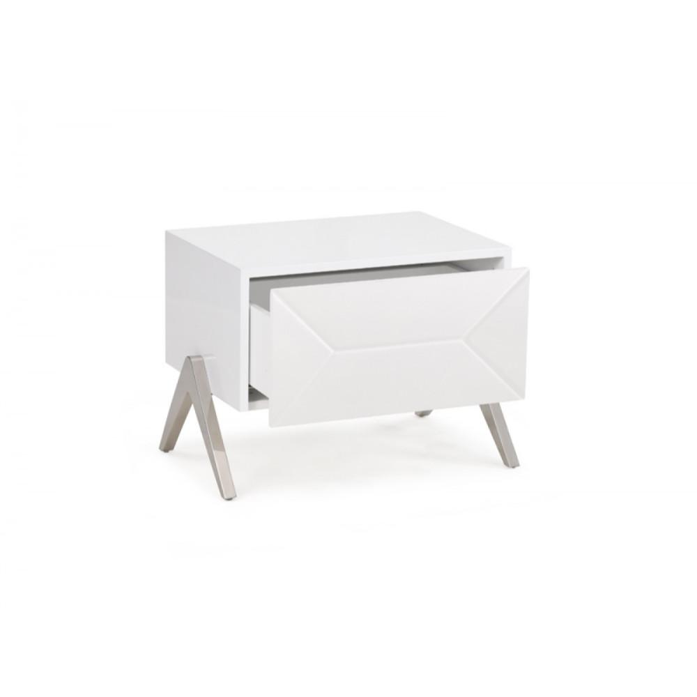 Wooden Nightstand with One Drawer and Inverted V shaped Steel Legs, White and Silver