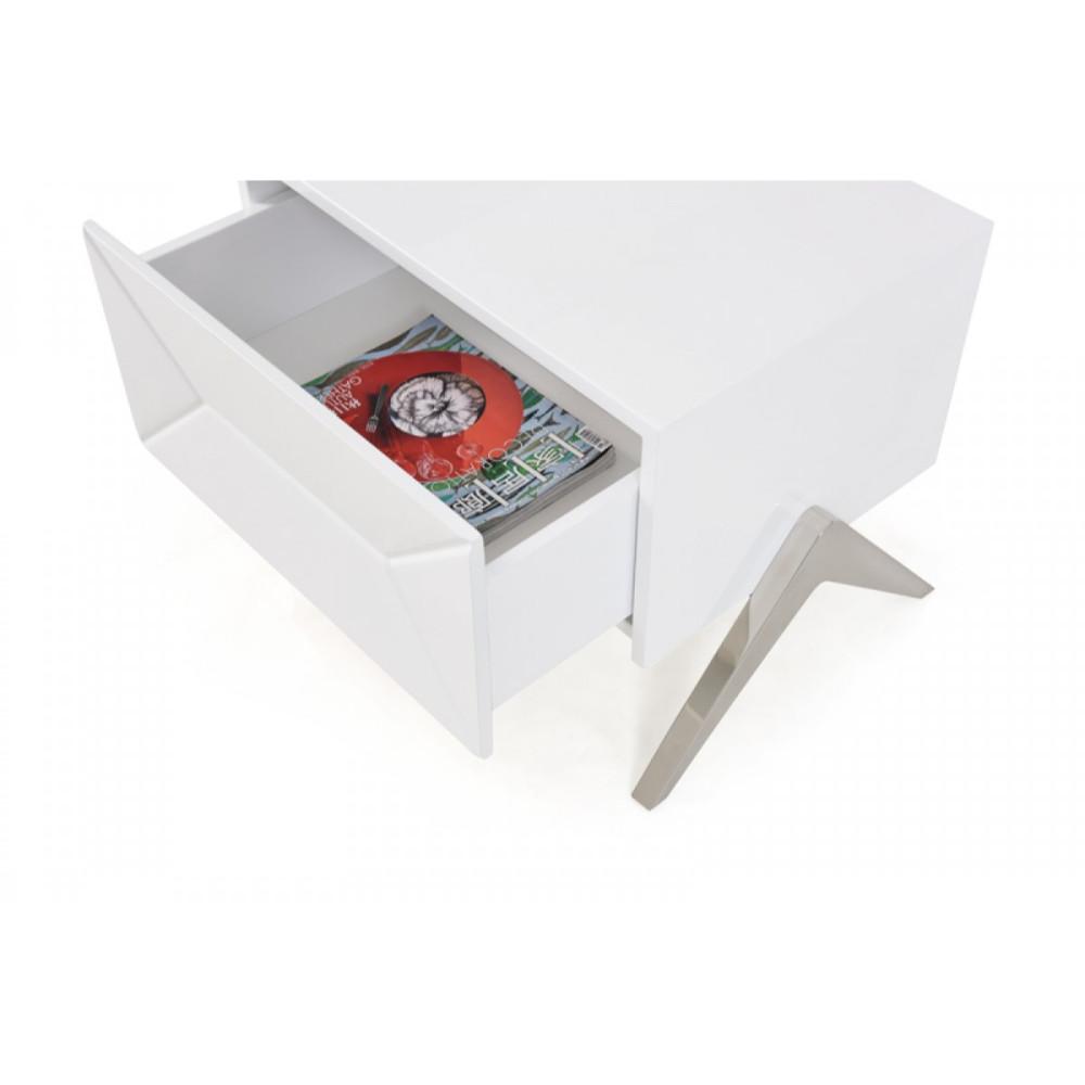 Wooden Nightstand with One Drawer and Inverted V shaped Steel Legs, White and Silver