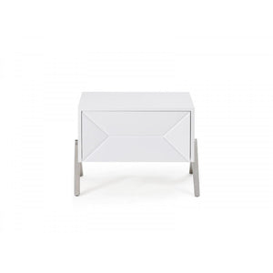 Wooden Nightstand with One Drawer and Inverted V shaped Steel Legs, White and Silver