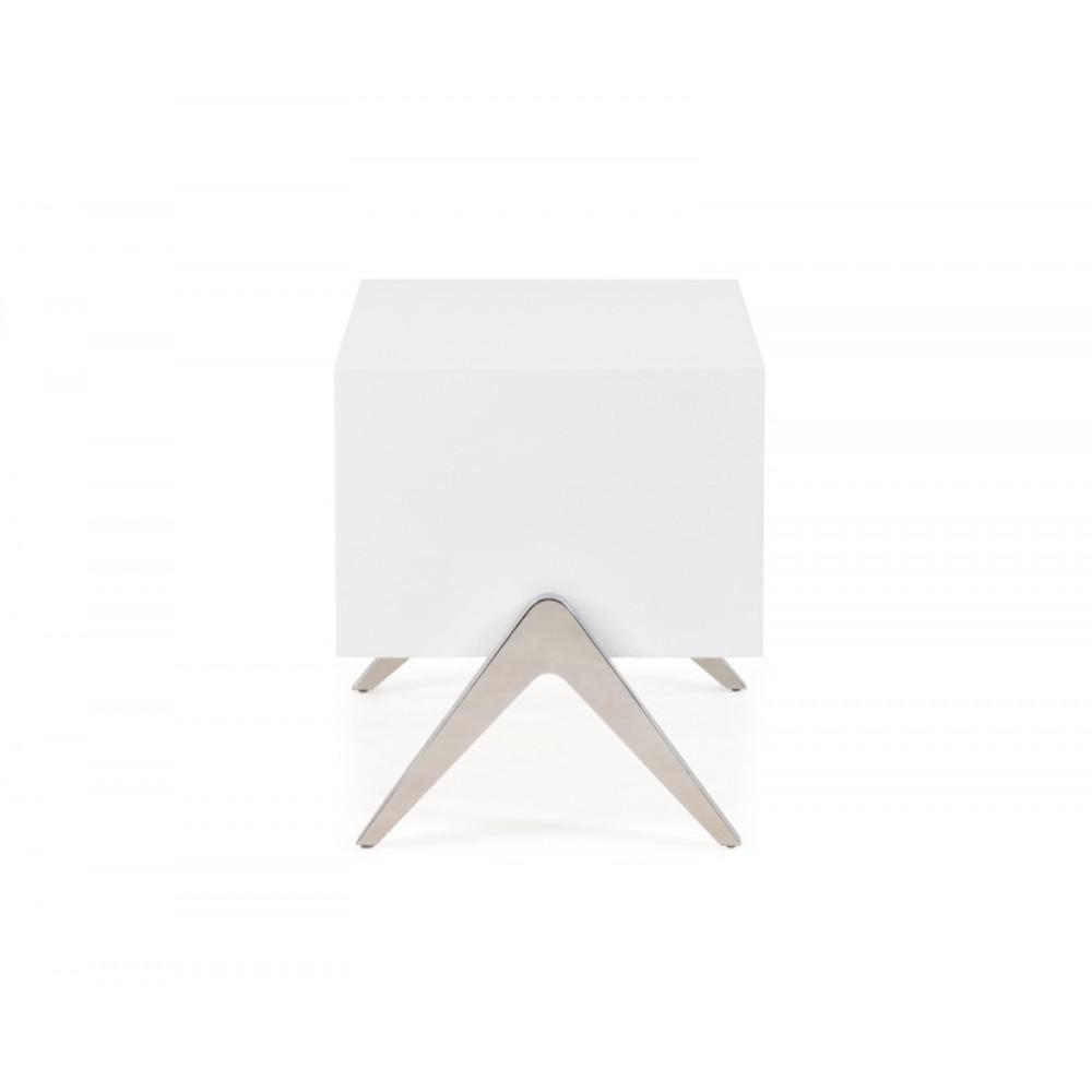 Wooden Nightstand with One Drawer and Inverted V shaped Steel Legs, White and Silver