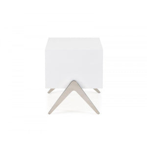 Wooden Nightstand with One Drawer and Inverted V shaped Steel Legs, White and Silver