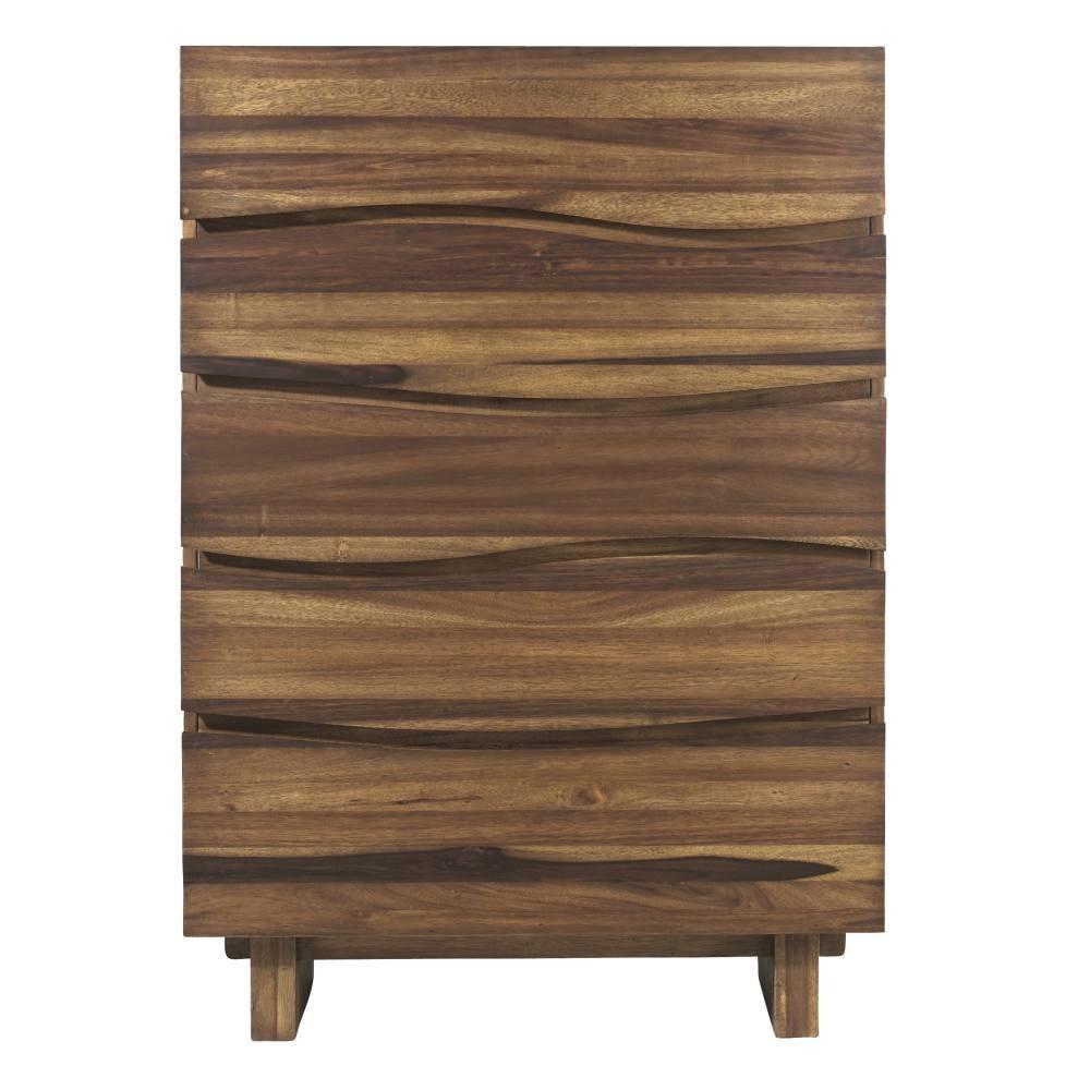 Wave Front Five Drawers Wooden Chest with Hidden Drawer Pull, Natural Brown