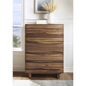 Wave Front Five Drawers Wooden Chest with Hidden Drawer Pull, Natural Brown