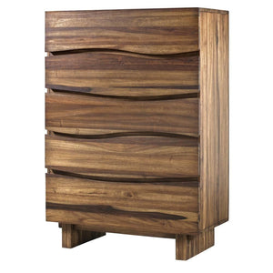 Wave Front Five Drawers Wooden Chest with Hidden Drawer Pull, Natural Brown