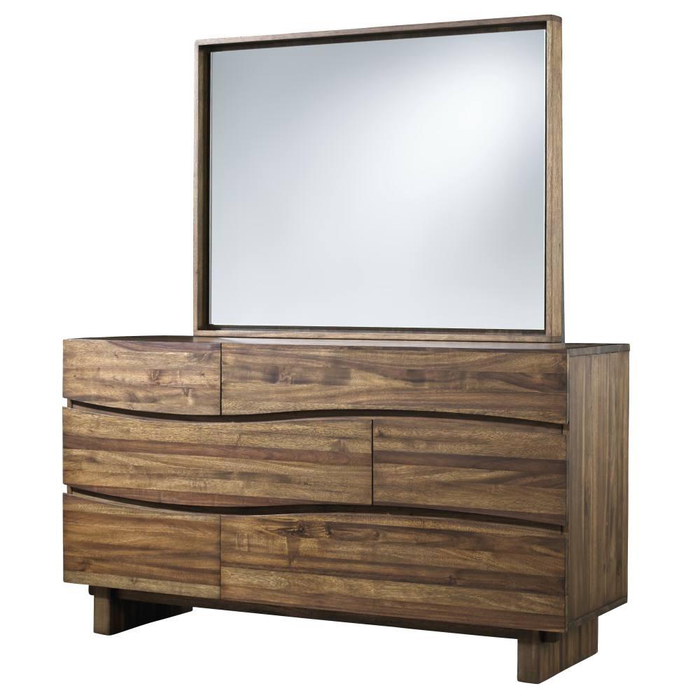 Wave Front Six Drawers Wooden Dresser with Hidden Drawer Pull, Natural Brown