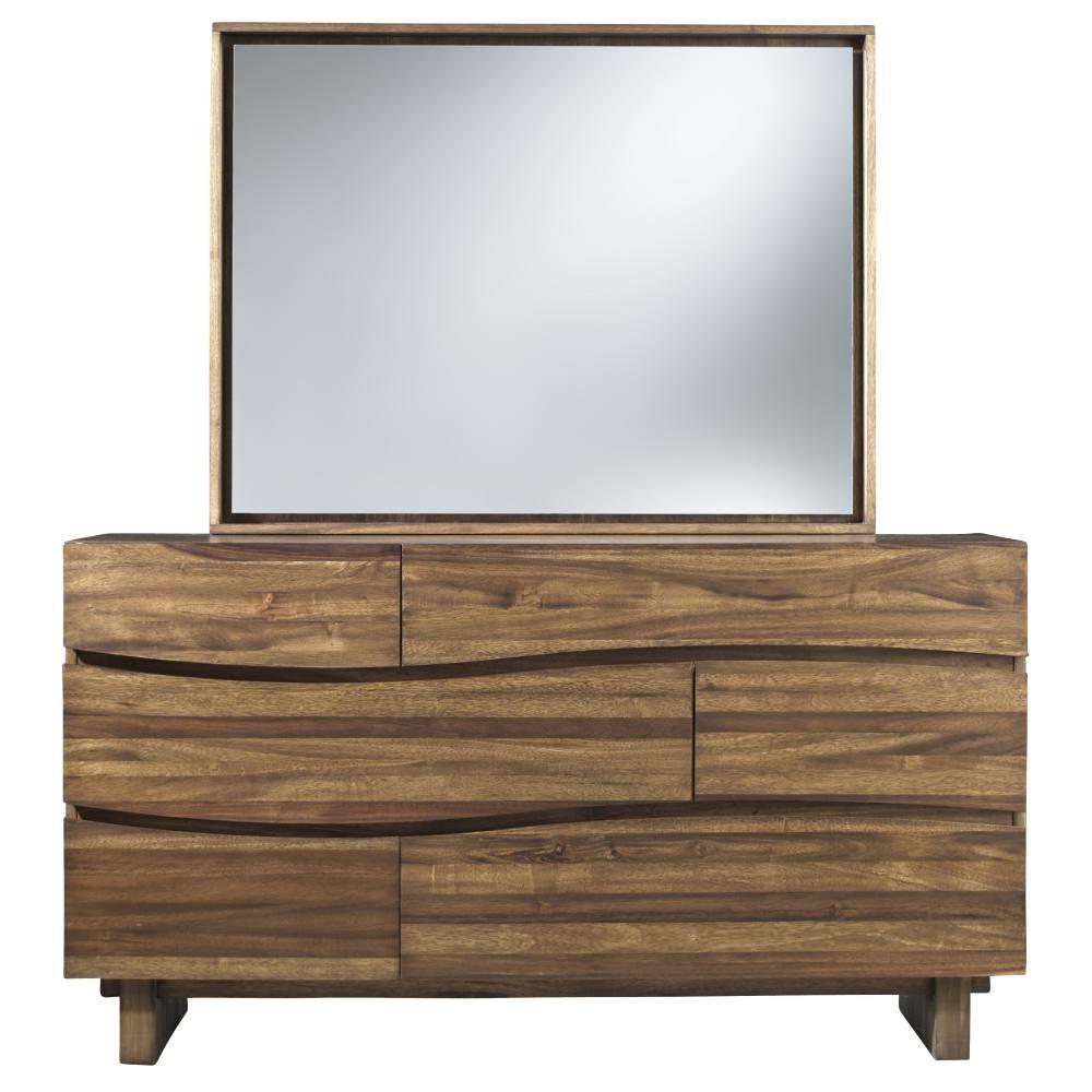 Wave Front Six Drawers Wooden Dresser with Hidden Drawer Pull, Natural Brown