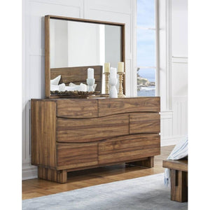 Wave Front Six Drawers Wooden Dresser with Hidden Drawer Pull, Natural Brown