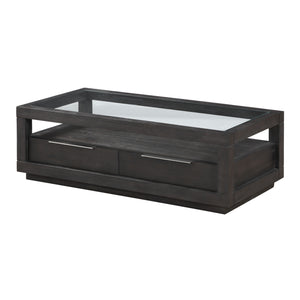 Wooden Coffee Table with Glass Inlay Table Top and Two Drawers, Basalt Gray