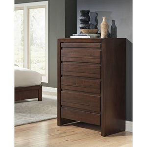 Wooden Five Drawer Chest with Bracket Feet, Chocolate Brown