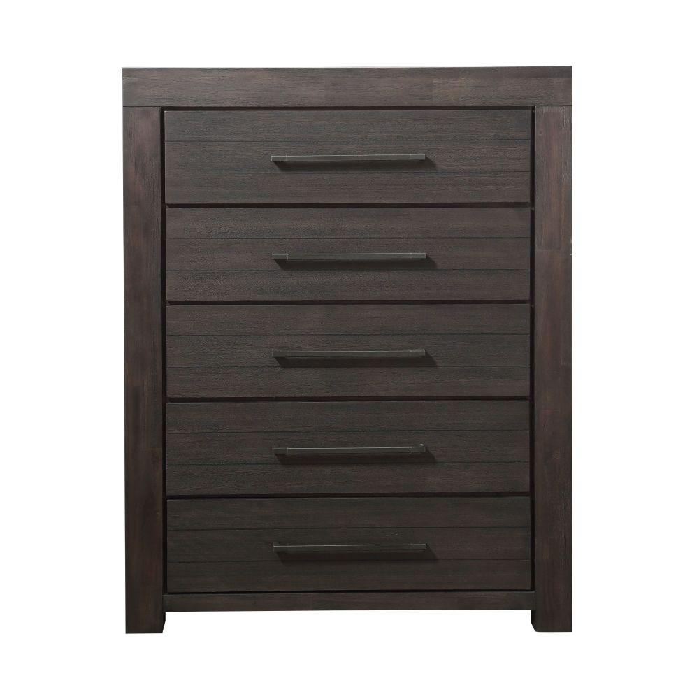 Wooden Five Drawer Chest with Bronze Metal Pulls, Basalt Gray