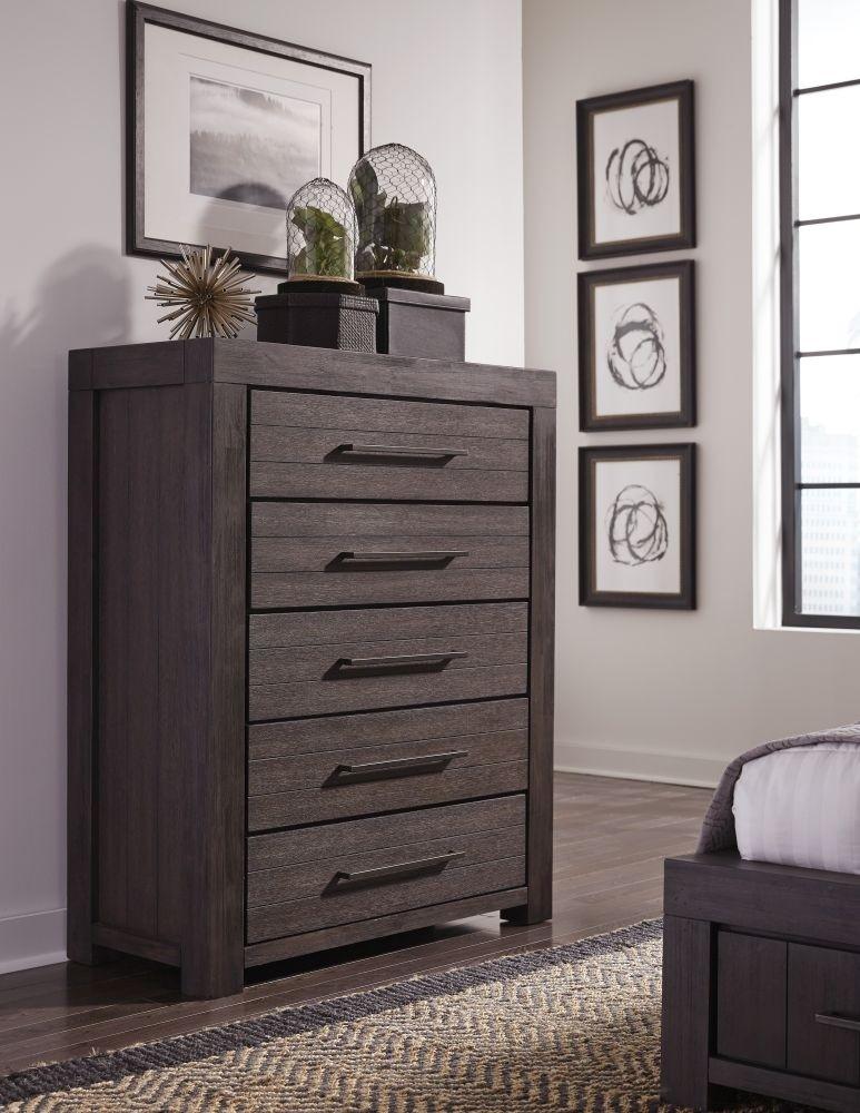 Wooden Five Drawer Chest with Bronze Metal Pulls, Basalt Gray