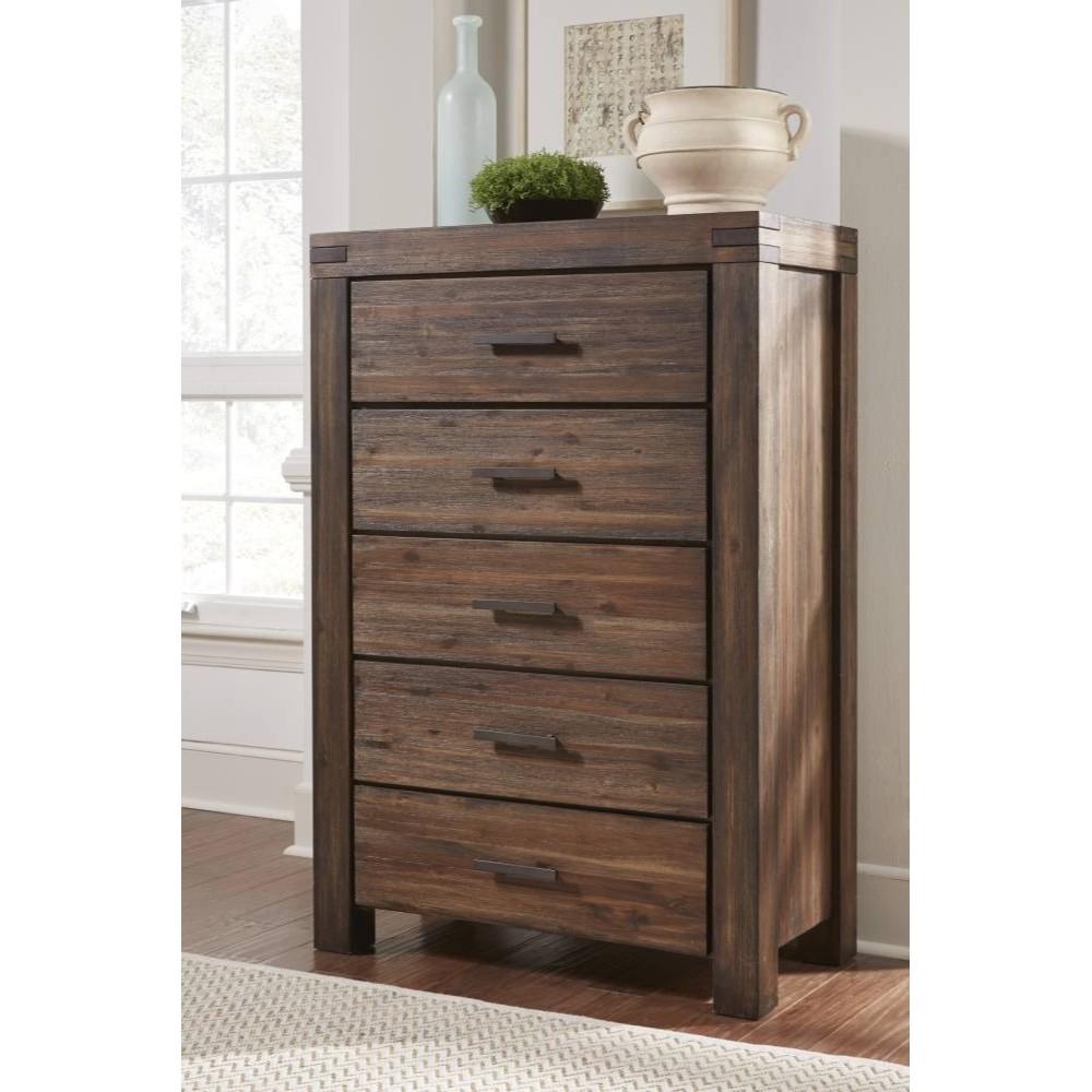 Wooden Five Drawer Chest with Metal Pull and Tenon Corner Joints, Brick Brown