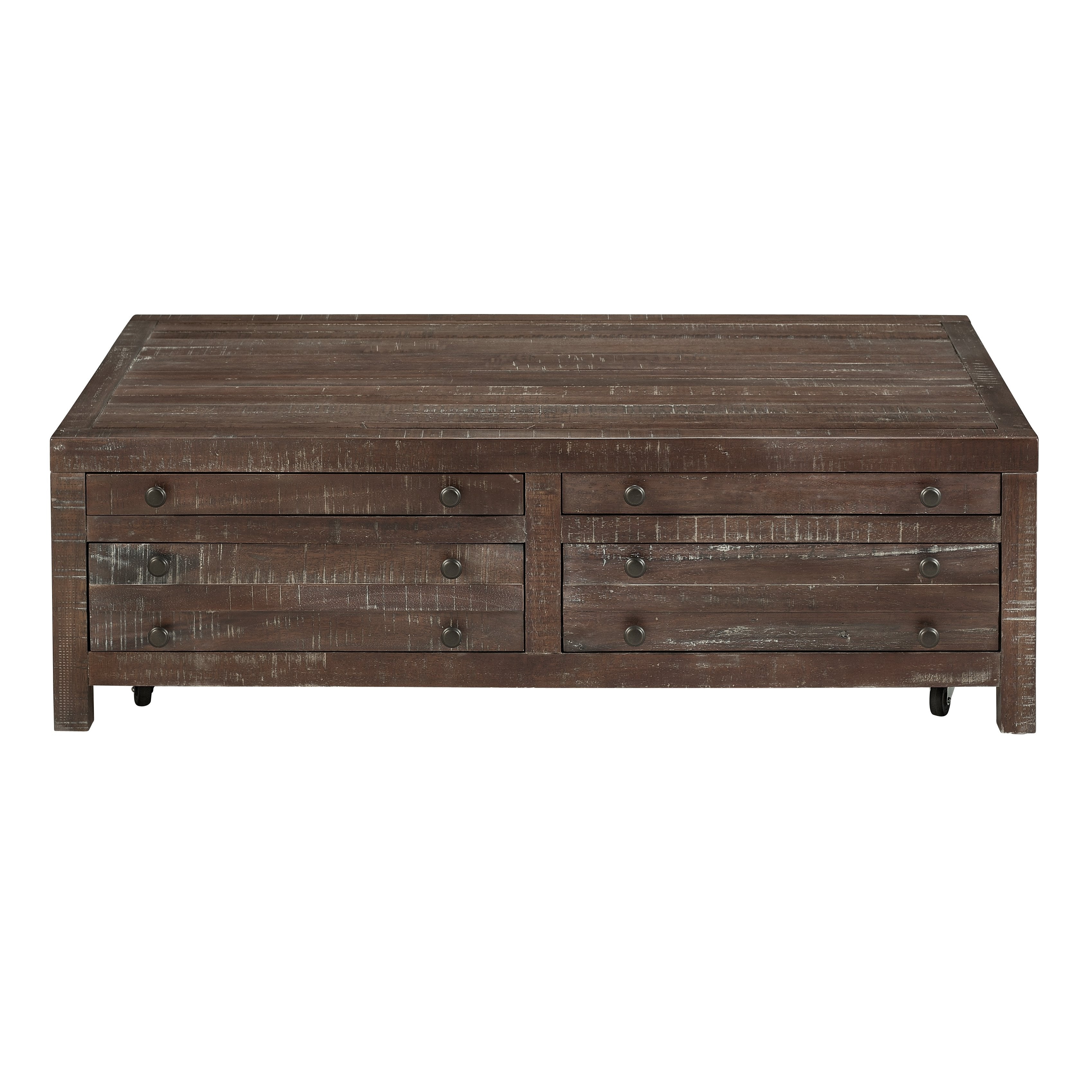 Wooden Four Drawer Coffee Table with Metal Knob Pull, Brown