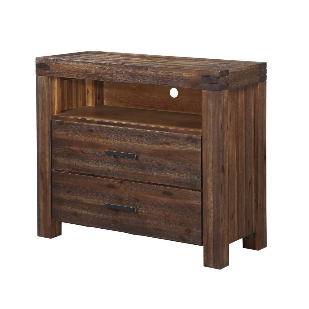 Wooden Media Chest with One Open Shelf and Two Drawers , Brick Brown