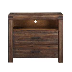 Wooden Media Chest with One Open Shelf and Two Drawers , Brick Brown