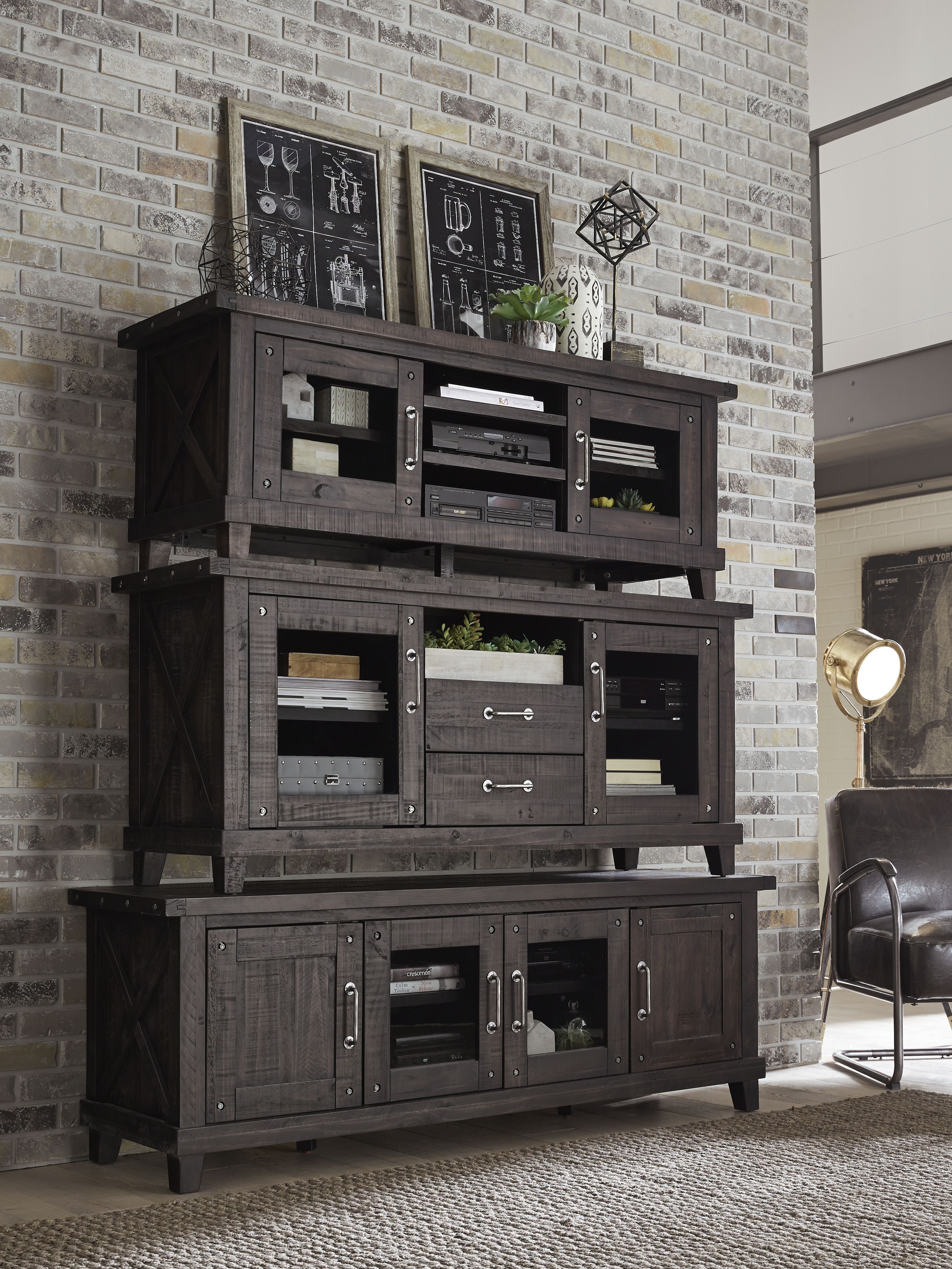 Wooden Media Console with Two Drawers and Two Glass Door Cabinets, Brown