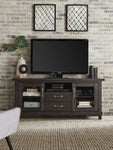 Wooden Media Console with Two Drawers and Two Glass Door Cabinets, Brown